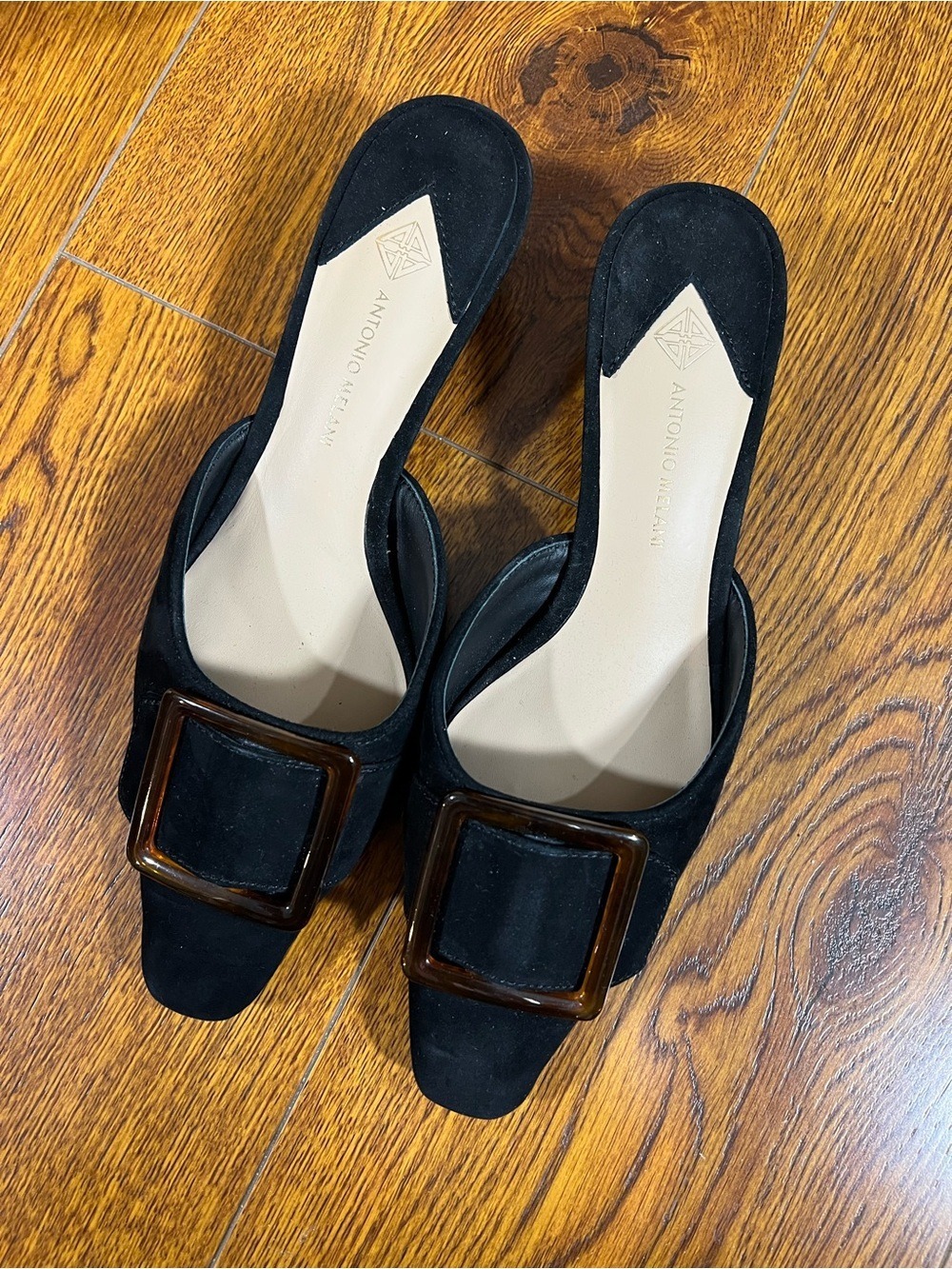 NWOB $110 Antonio Melani Greta Black Suede Resin Buckle Mule Heels 7.5 - Picture 7 of 8